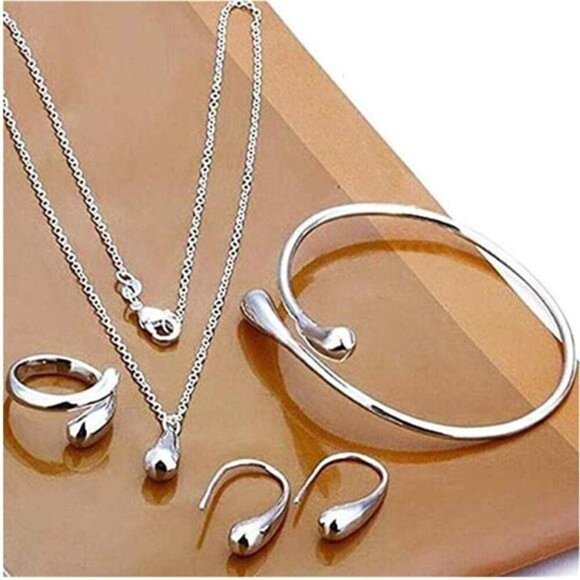 Syhonic 925 Silver Jewelry Set for Women, Teardrop Necklace + Earring + Ring + - Picture 2 of 6
